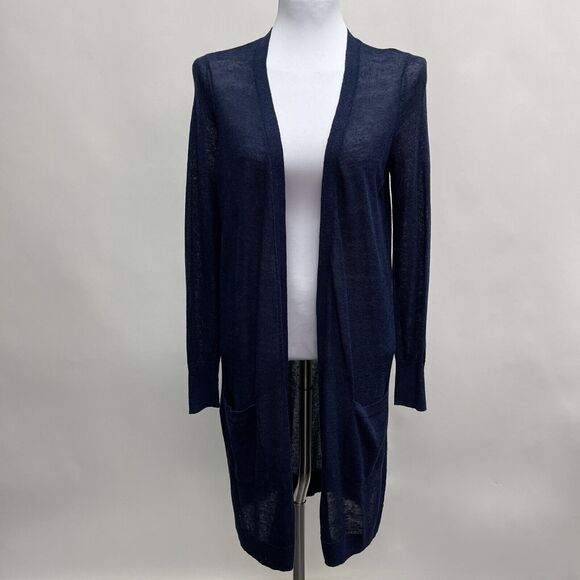 Halogen Long Duster Cardigan Sweater Small Navy Blue Linen Blend Long Sleeve - Picture 1 of 8